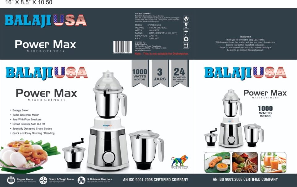 BalajiUSA 1000 Watts Power Max Heavy Duty Kitchen Mixer Grinder – 2 Year Warranty